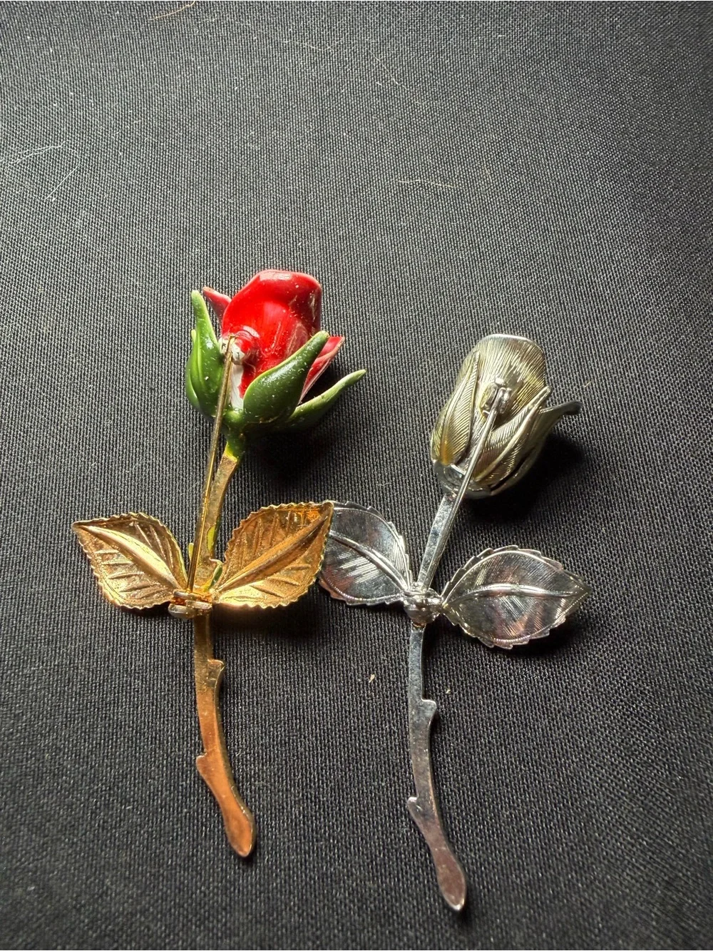 Lot Of 2 Rose Brooches, Enameled And Gold Silver Tone Unsigned